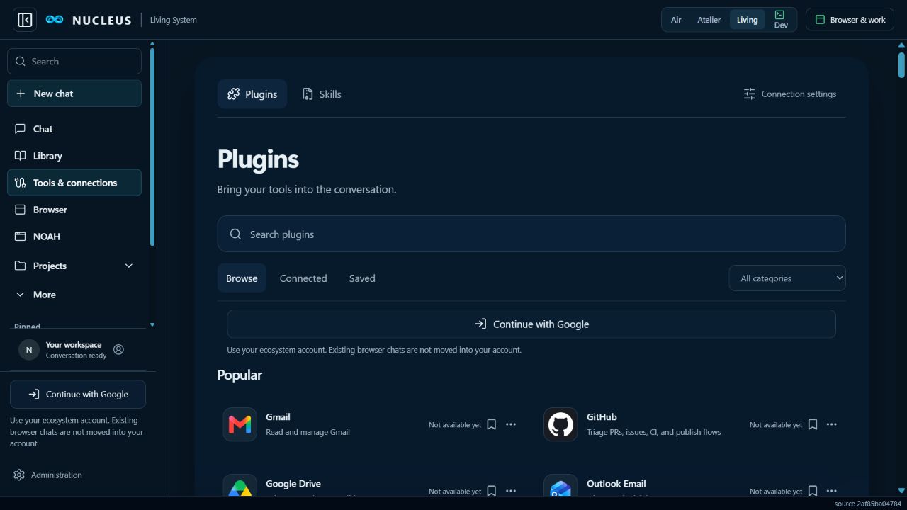 Actual Nucleus plugin library with search, Browse, Connected and Saved views, and provider availability