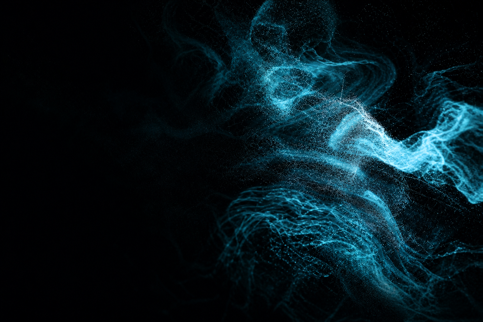 Black editorial cyan particle visual for the Nucleus Atelier edition